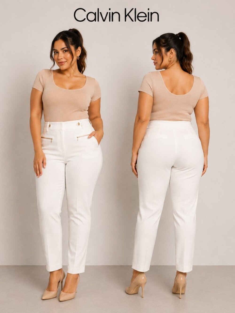 Calvin Klein Womens White High Rise Ankle Trousers Zipper Pockets Size 14